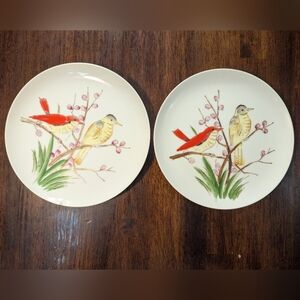 Vintage Handpainted Bird Design Ceramic Plates - Set of 2
